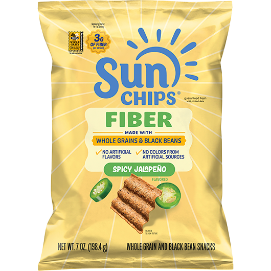 Bag of SUNCHIPS® FIBER SPICY JALAPENO FLAVORED WHOLE GRAIN & BLACK BEAN SNACKS