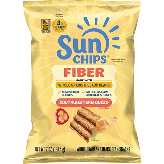 Bag of SUNCHIPS® FIBER SOUTHWESTERN QUESO FLAVORED WHOLE GRAIN & BLACK BEAN SNACKS